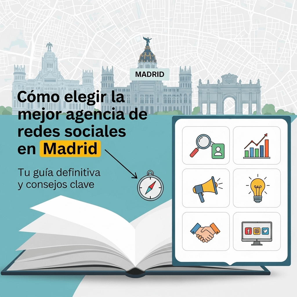 Cómo elegir una agencia de redes sociales en Madrid Imagen que combina la silueta del horizonte de Madrid (con edificios como el Palacio Real y la Puerta de Alcalá) y el texto 'Cómo elegir la mejor agencia de redes sociales en Madrid: Tu guía definitiva y consejos clave', sobre un libro abierto. Una brújula apunta a un panel lateral que contiene seis iconos: una lupa con una persona (investigación/perfil), un gráfico de barras (crecimiento/analíticas), un megáfono (comunicación/marketing), una bombilla (ideas/creatividad), un apretón de manos (colaboración), y un monitor con logos de redes sociales (presencia digital).
