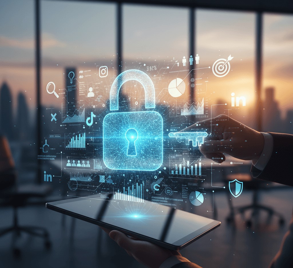 Analítica de Redes Sociales: Desbloquea el Potencial y Beneficios Clave para Empresas Manos sosteniendo una tableta que proyecta una interfaz holográfica futurista con un gran candado digital brillante, una llave digital, e iconos de redes sociales (Instagram, LinkedIn, TikTok), gráficos de datos, lupas y símbolos financieros, sobre un fondo de oficina moderna. Simboliza el desbloqueo del potencial y los beneficios de la analítica de redes sociales para empresas.