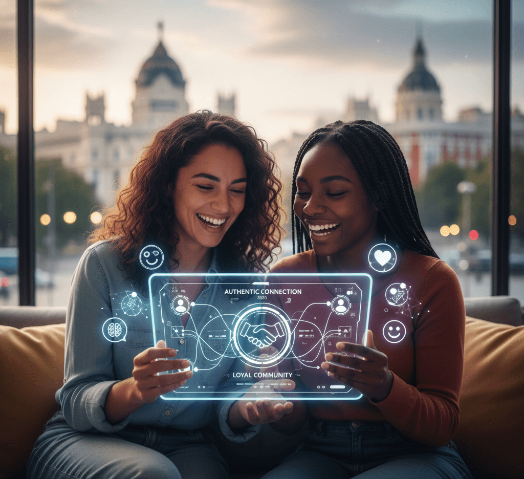 How to Generate Authentic Social Media Engagement (2025 Guide) Two smiling women interacting with a futuristic holographic screen displaying a digital connection network, a handshake icon (authentic connection), and the phrase "Loyal Community." Surrounded by social media and interaction icons, against an urban background. Symbolizes connection and loyalty on social media.