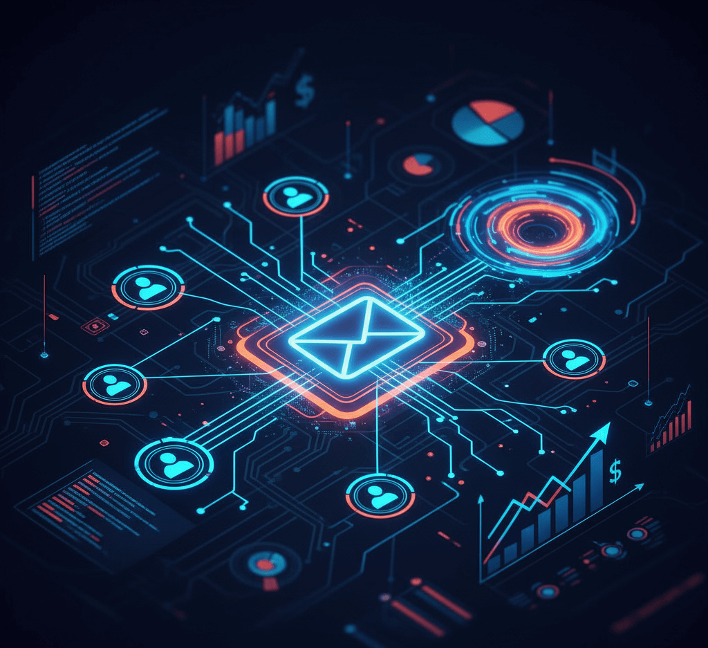 Flujo Inteligente: Automatización y Segmentación en Campañas de Email Marketing Diagrama digital que muestra el flujo automático de emails segmentados a diferentes grupos de clientes, simbolizando la automatización de marketing.