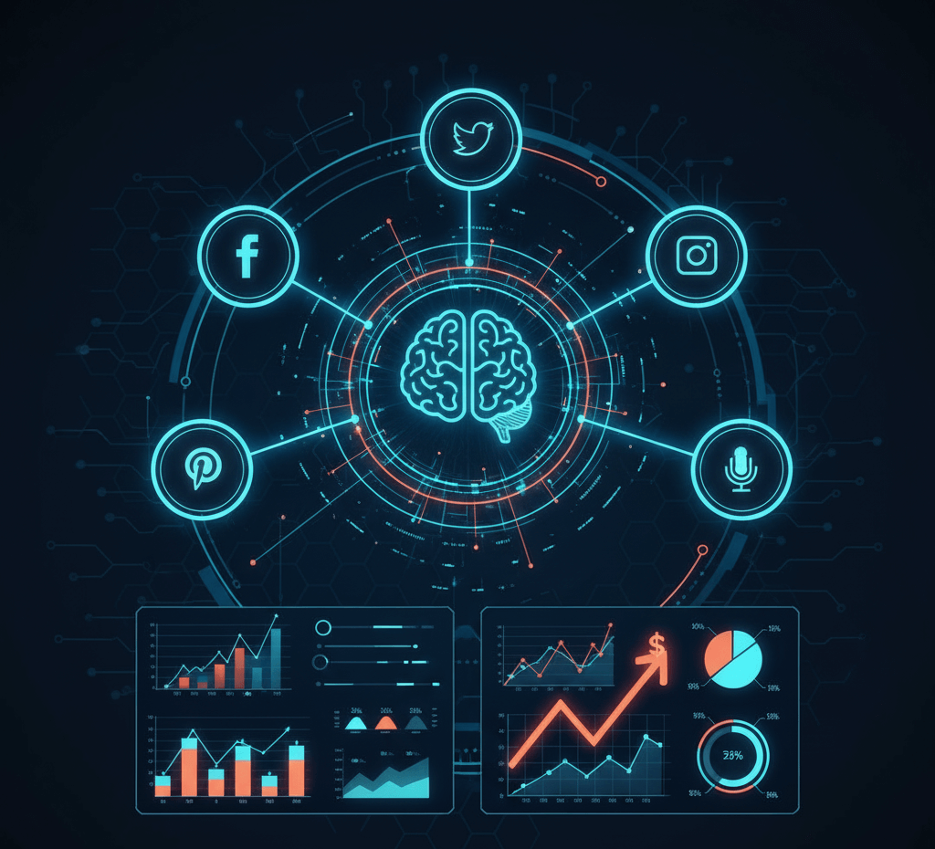 Inteligencia Digital: Automatización y Análisis Predictivo en Estrategias de Redes Sociales Diagrama digital con iconos de redes sociales conectados a un cerebro central, representando la automatización y el análisis predictivo en marketing.