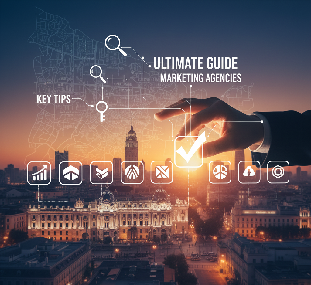 How to Choose the Best Social Media Agency in Madrid: Your Ultimate Guide & Key Tips Panoramic view of Madrid's cityscape at sunset, with iconic buildings. Overlayed are digital icons representing social media marketing (charts, arrows, platforms), magnifying glasses for agency search, a key for tips, and a hand selecting a glowing checkmark, symbolizing the choice of the best social media agency in Madrid.
