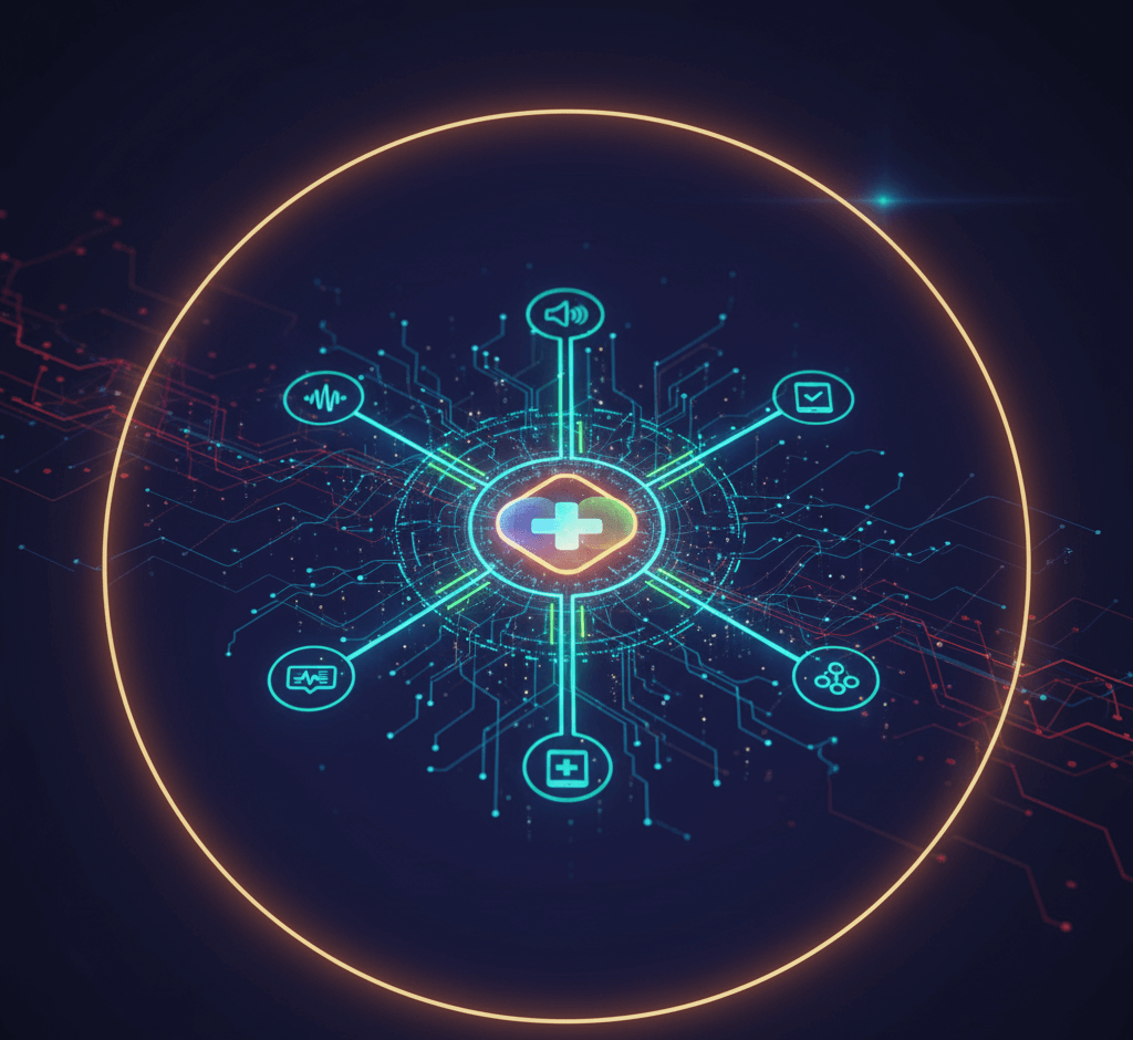 Salud y Digitalización: Claves para una Comunicación Sanitaria Responsable y Fiable Icono de cruz médica en el centro de una red digital con símbolos de comunicación y datos, representando la comunicación sanitaria responsable y la interconexión digital.