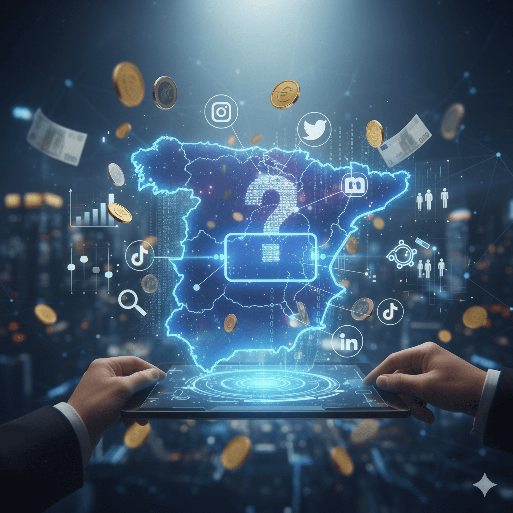 Precios Gestión Redes Sociales España 2025: Factores Clave y Coste Real Mapa digital de España con contorno brillante, rodeado de logotipos de redes sociales (Instagram, TikTok, Twitter, LinkedIn, Facebook), monedas de euro flotantes, gráficos de datos y un signo de interrogación central, todo sobre un fondo urbano con manos sosteniendo una tableta que proyecta el mapa. Simboliza el coste y los factores de la gestión de redes sociales.