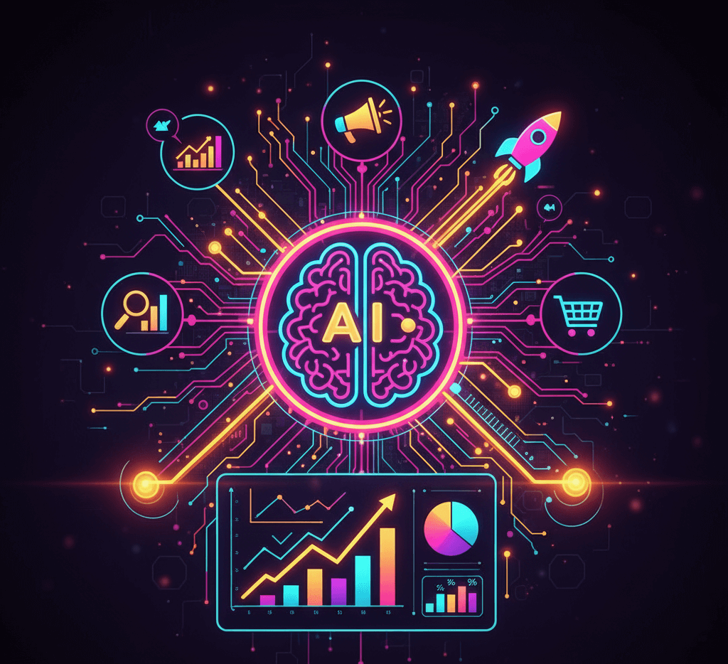 Innovación IA en Marketing: Top Herramientas para Optimizar Campañas Digitales Ilustración abstracta de un cerebro con "AI" en el centro, conectado a íconos de marketing digital como megáfono, carrito de compras y gráficos de crecimiento, con colores neón púrpura y naranja.