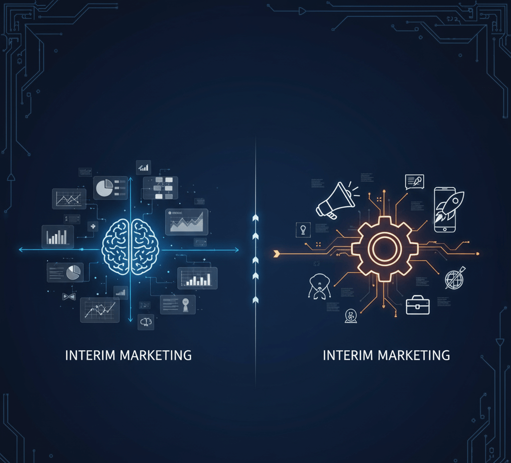 Estrategia vs. Ejecución: Diferencias Clave entre Interim Marketing Manager y Consultor Ilustración que compara Interim Marketing (acción y ejecución) con Consultoría (estrategia y planificación), mostrando dos enfoques diferentes en gestión.