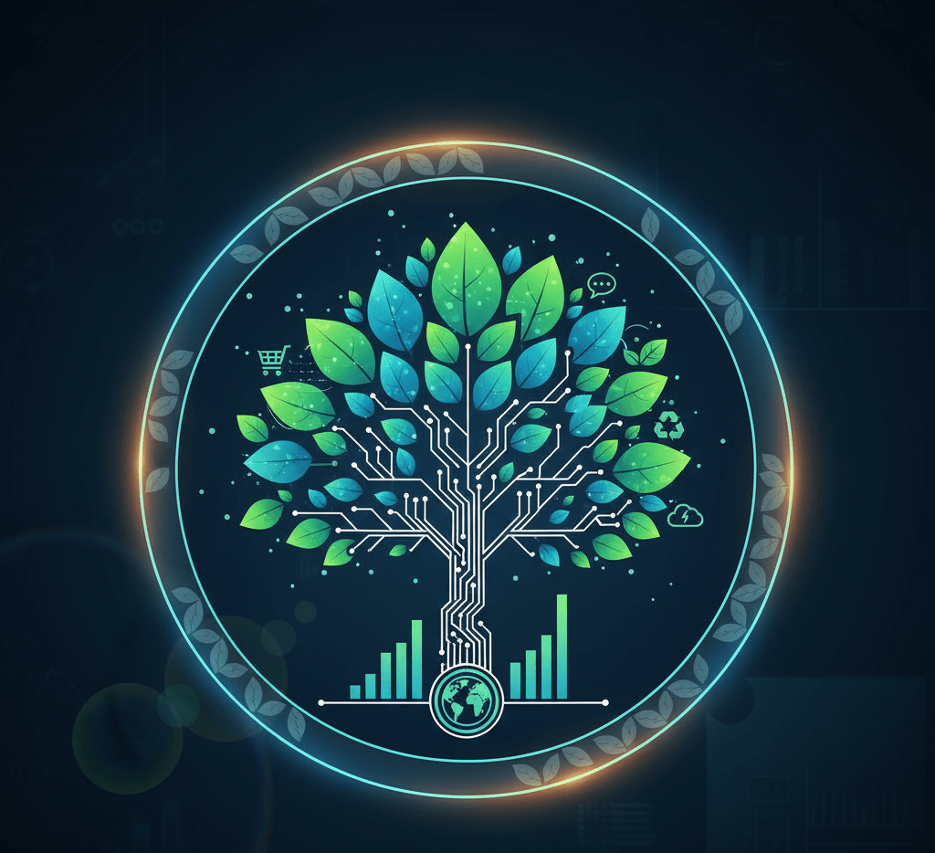 Crecimiento Verde: Estrategias de Marketing Sostenible y Comunicación Ambiental Ética Ilustración digital de una mano sosteniendo una planta o árbol que crece de un circuito electrónico o un gráfico, simbolizando el marketing sostenible y el crecimiento ecológico.