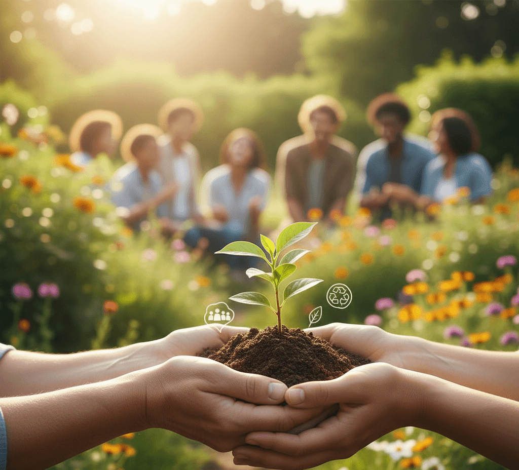 Crecimiento Ético: El Marketing Sostenible como Fundamento para el Futuro de las Marcas Manos de un adulto y un niño plantando un brote en tierra con luz natural, simbolizando el crecimiento ético y el futuro del marketing sostenible.