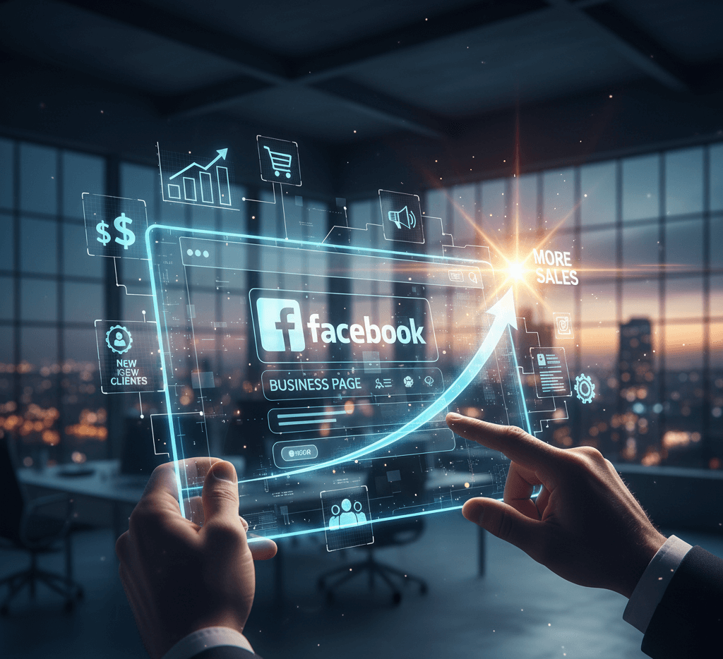 Cómo Optimizar Tu Página de Empresa en Facebook (Guía Definitiva) Interfaz holográfica futurista de una Página de Empresa de Facebook, flotando en una oficina moderna con vistas a la ciudad al anochecer. Iconos digitales representan nuevos clientes, ventas, crecimiento de gráficos y optimización, con una flecha ascendente brillante que simboliza el aumento de ventas y el éxito en Facebook.
