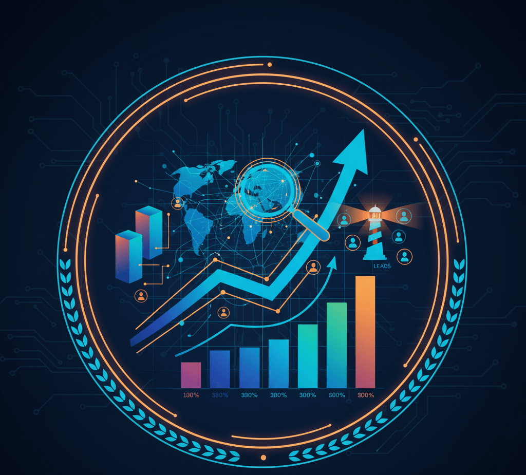 Dominio Digital: Escalabilidad y Crecimiento con Estrategia de SEO Corporativo B2B Gráfico digital que muestra un crecimiento ascendente y conexiones de red de datos, simbolizando la escalabilidad y la estrategia de SEO Corporativo B2B.