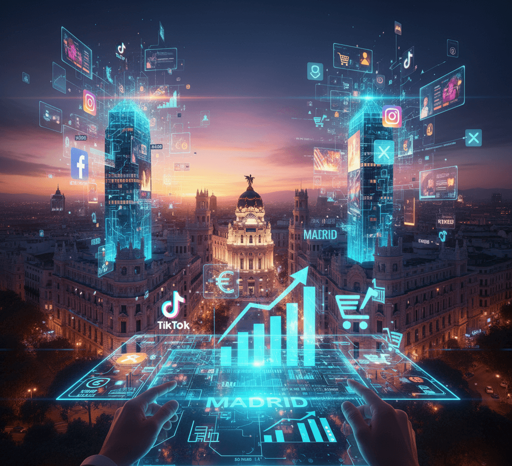 Social Ads para PYMES en Madrid: Estrategias y Multiplicación de Ventas Vista aérea del horizonte de Madrid al anochecer, con edificios icónicos. Una interfaz holográfica digital en primer plano muestra un mapa interactivo de Madrid, gráficos de crecimiento de ventas (barras ascendentes), iconos de redes sociales (TikTok, Instagram, Facebook) y símbolos de comercio electrónico, representando estrategias de Social Ads para PYMES en Madrid.