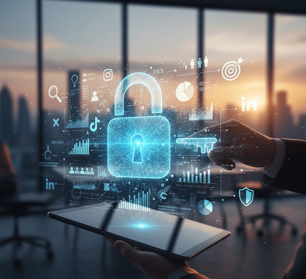 Social Media Analytics: Unlock Key Benefits for Businesses Hands holding a tablet projecting a futuristic holographic interface featuring a large glowing digital padlock, a digital key, and icons of social media platforms (Instagram, LinkedIn, TikTok), data graphs, magnifying glasses, and financial symbols, set against a modern office background. Symbolizes unlocking the potential and benefits of social media analytics for businesses.