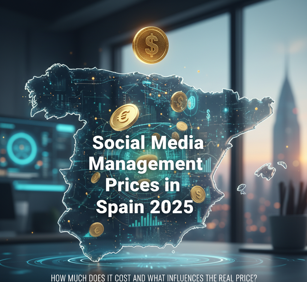 Map of Spain overlaid with digital graphics, business icons, and coins, illustrating the Social Media Management Pricing structure in Spain for 2025. Optimized for an article discussing costs, fees, and real price factors for SM (Social Media) services for businesses in Spain.