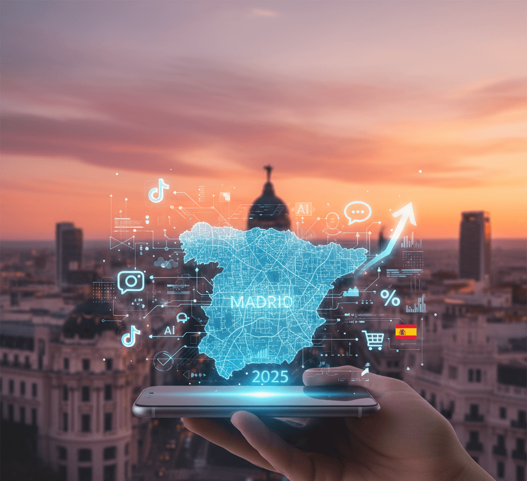 Tendencias Clave de Redes Sociales para Empresas en Madrid (2025) Smartphone sostenido en la mano proyectando un mapa digital de España centrado en Madrid, rodeado de iconos de redes sociales brillantes (TikTok, Instagram, burbujas de chat), símbolos de IA, gráficos de datos con una flecha de tendencia ascendente, y el año 2025. Todo ello sobre el horizonte de Madrid al atardecer, simbolizando las tendencias clave de redes sociales y crecimiento para negocios en Madrid en 2025.