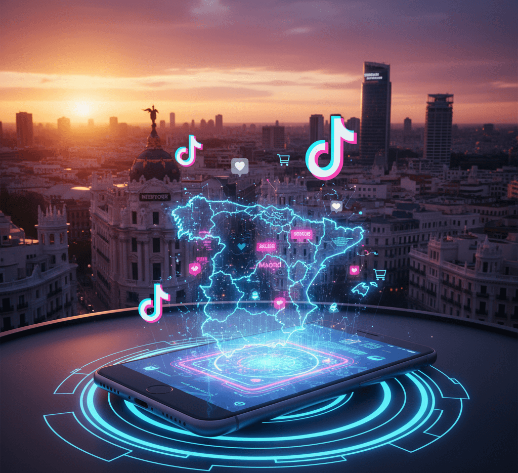 TikTok Marketing para Negocios Locales en Madrid 2025: Guía Definitiva Mapa digital de España centrado en Madrid proyectado desde un smartphone, rodeado de logos de TikTok, iconos de redes sociales y el horizonte de Madrid al atardecer.